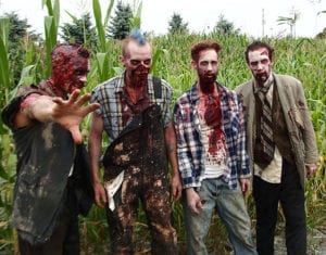 Men in zombie costumes at Field of Screams in Mountville, pennsylvania, for Halloween