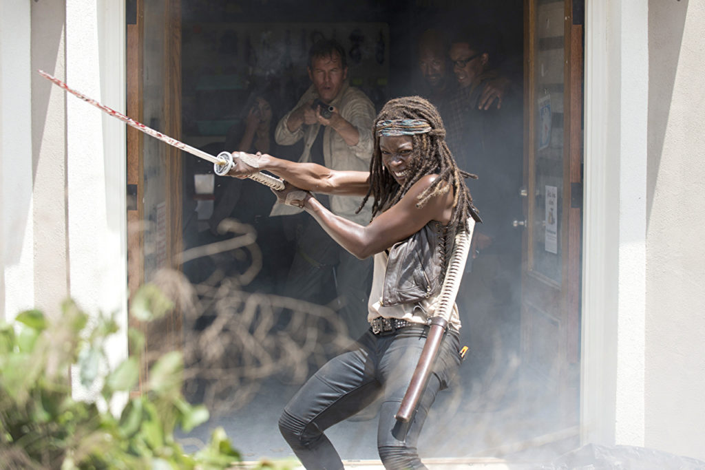 Michonne (Danai Gurira) demonstrates her fearlessness when using her katana in this episode of AMC’s television series “The Walking Dead.” 