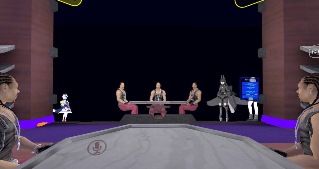 My friends, Mr. Brown and Mr. Purple, and I are sitting around a table as avatars of Snoop Dogg during this VRChat lounge raid. 