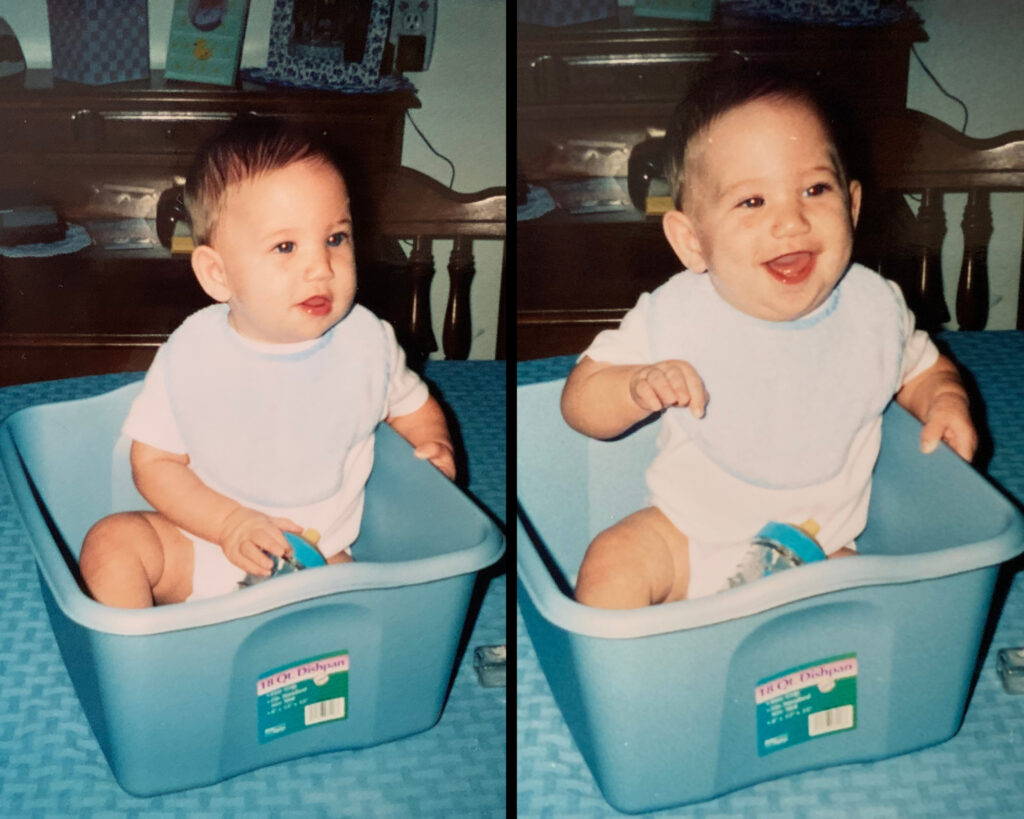 Joseph enjoys his view of his grandmother and me from his dishpan on the kitchen table.